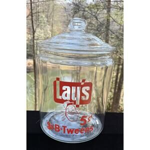 Rare HUGE Vintage Lay’s 5cents go-B-Tweens Large Counter Glass Jar & Lid